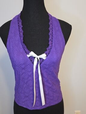 wild fable Purple Lace-Trim Halter Camisole with White Bow